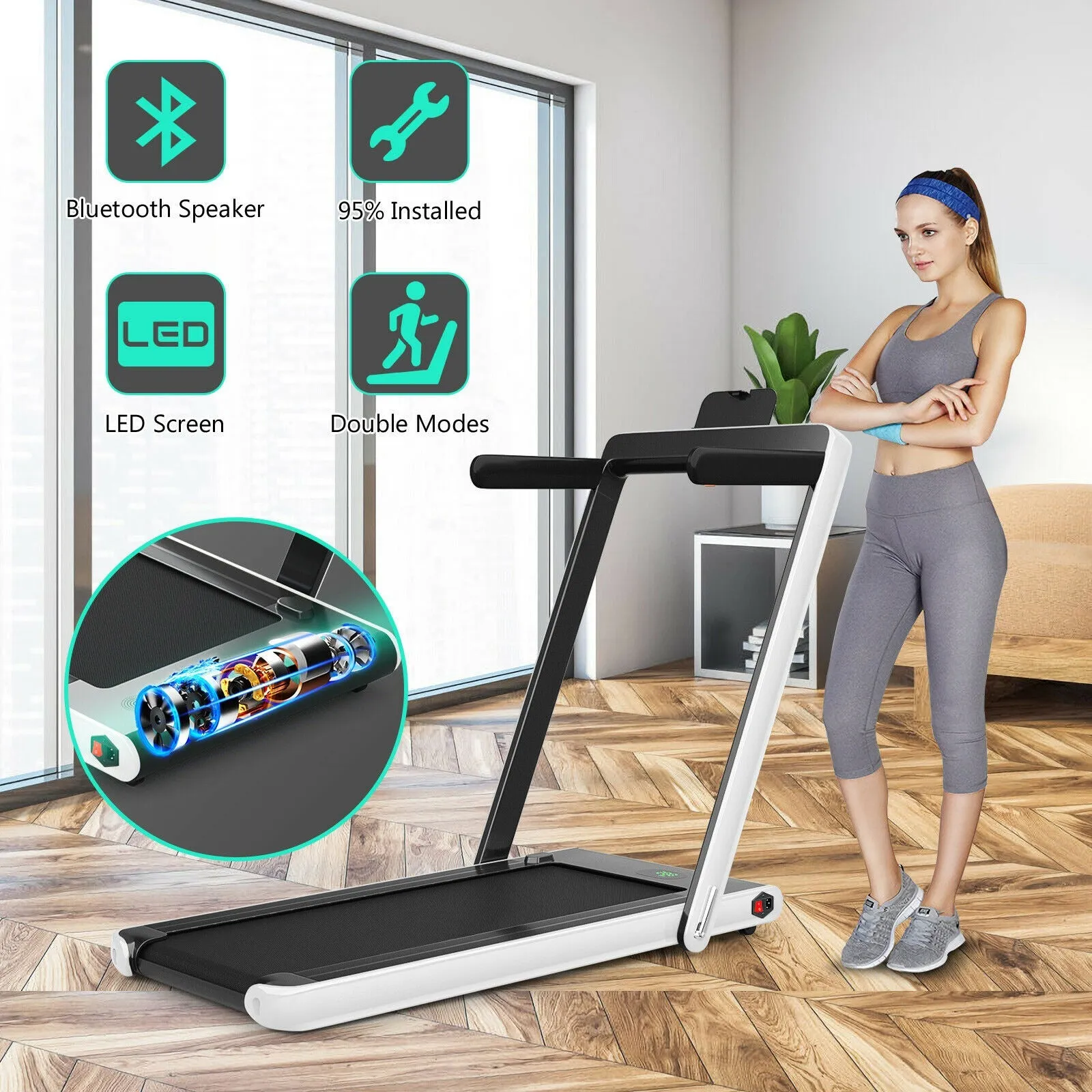 1-12Kph Folding Electric Treadmill with Bluetooth Capability-White