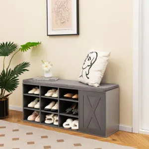 9-cube Shoe Bench with Adjustable Shelves and Removable Padded Cushion-Gray