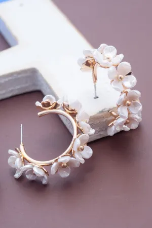 Acrylic White Flowers on Gold Hoops