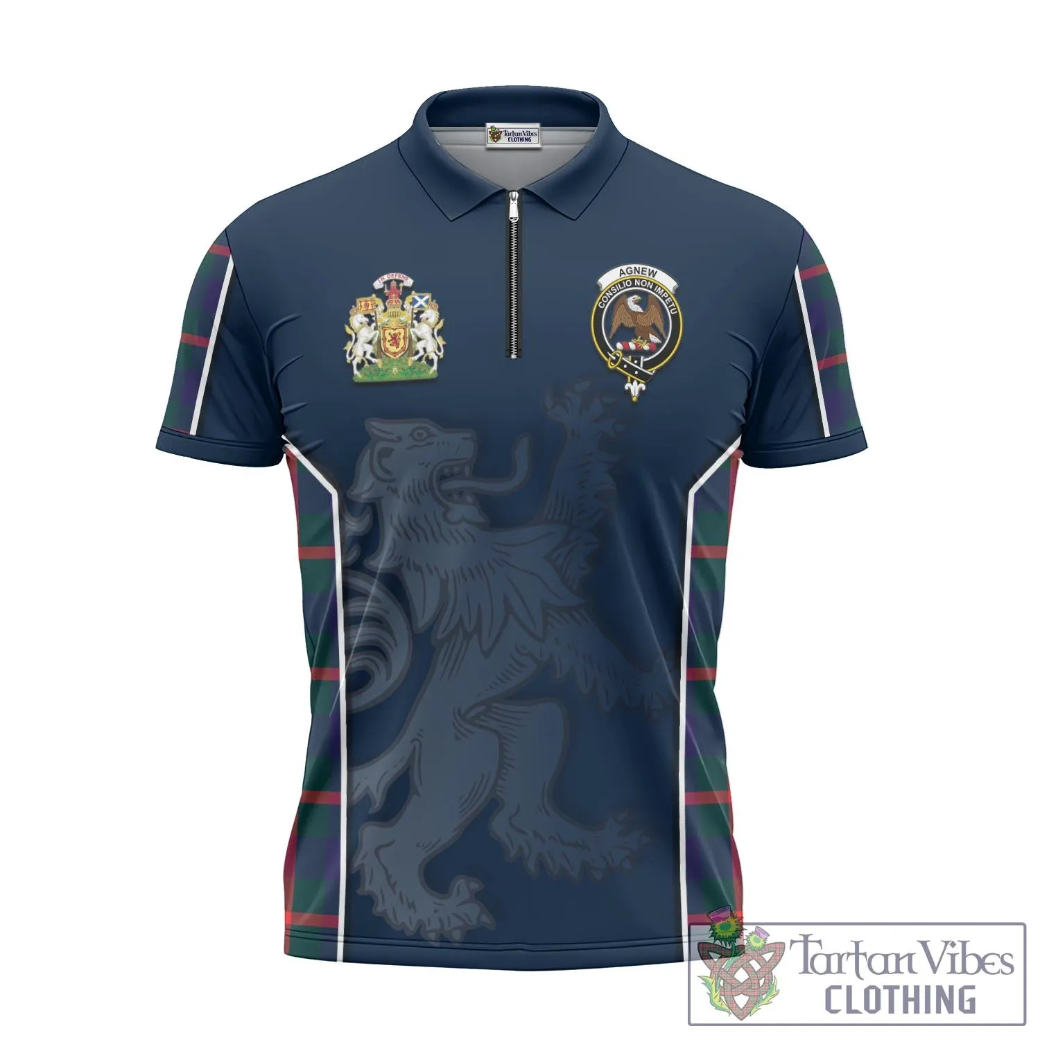 Agnew Tartan Zipper Polo Shirt with Family Crest and Lion Rampant Vibes Sport Style