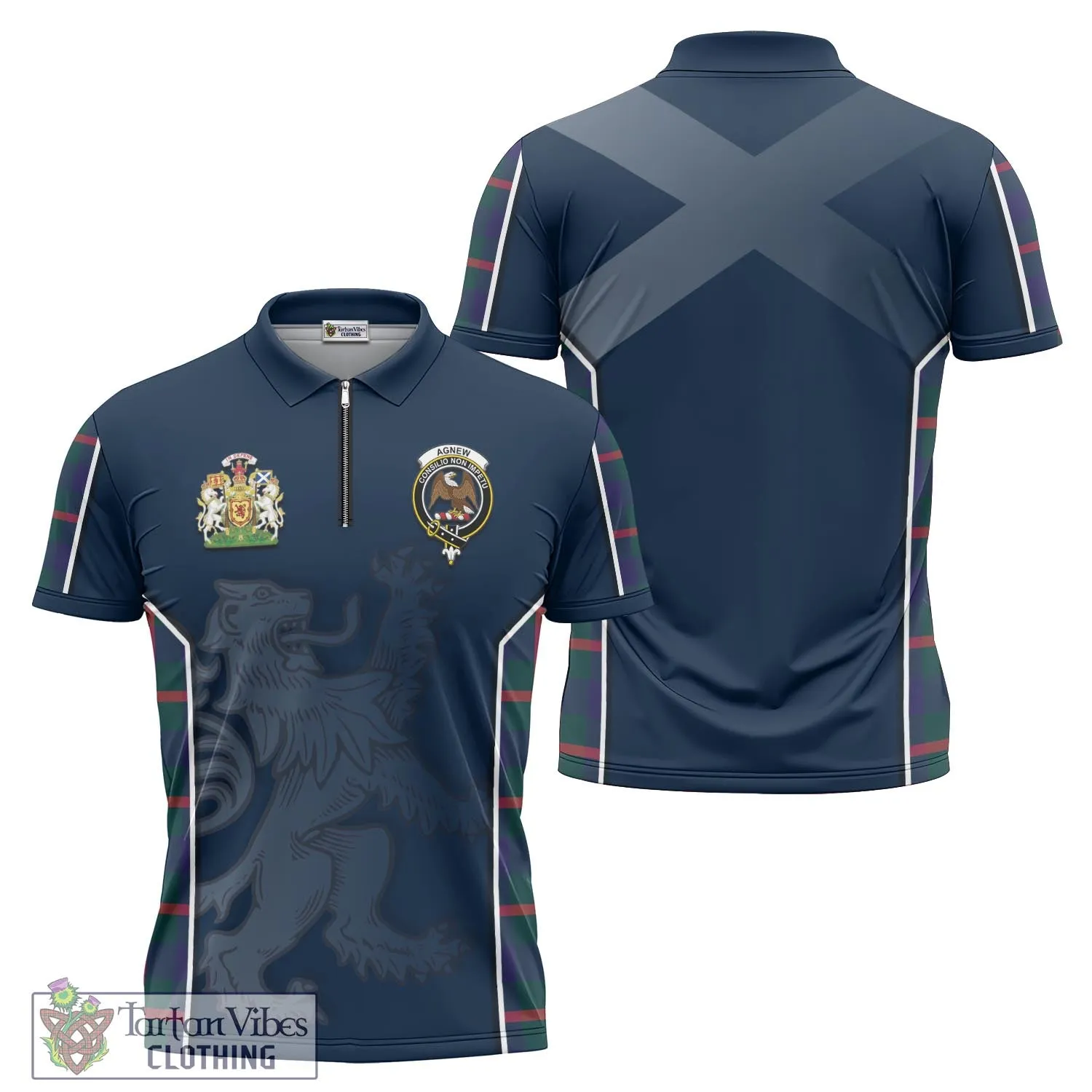 Agnew Tartan Zipper Polo Shirt with Family Crest and Lion Rampant Vibes Sport Style