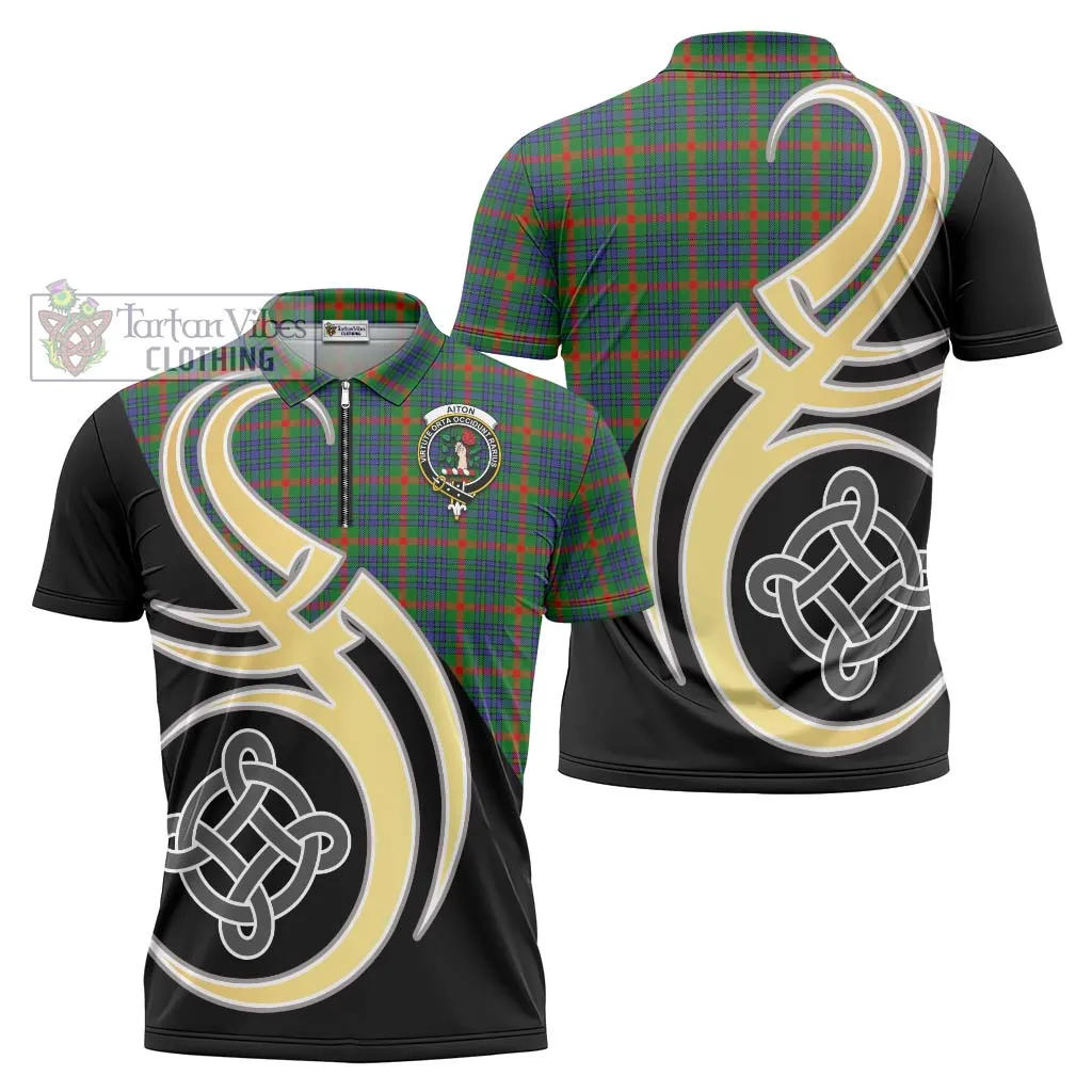 Aiton Tartan Zipper Polo Shirt with Family Crest and Celtic Symbol Style