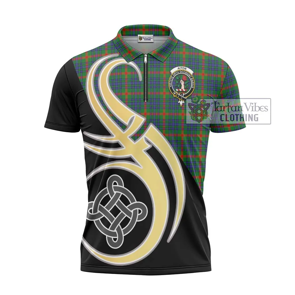 Aiton Tartan Zipper Polo Shirt with Family Crest and Celtic Symbol Style