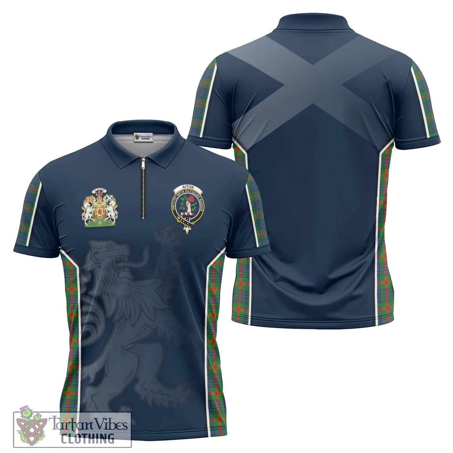 Aiton Tartan Zipper Polo Shirt with Family Crest and Lion Rampant Vibes Sport Style