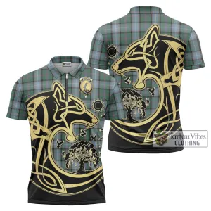 Alexander of Menstry Hunting Tartan Zipper Polo Shirt with Family Crest Celtic Wolf Style