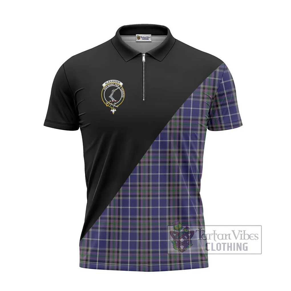 Alexander of Menstry Tartan Zipper Polo Shirt with Family Crest and Military Logo Style