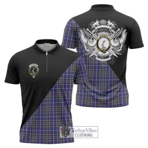 Alexander of Menstry Tartan Zipper Polo Shirt with Family Crest and Military Logo Style