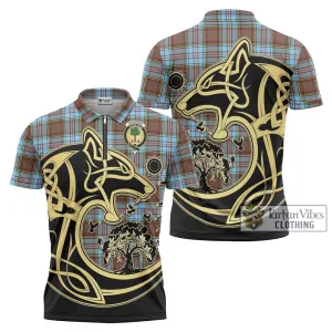 Anderson Ancient Tartan Zipper Polo Shirt with Family Crest Celtic Wolf Style