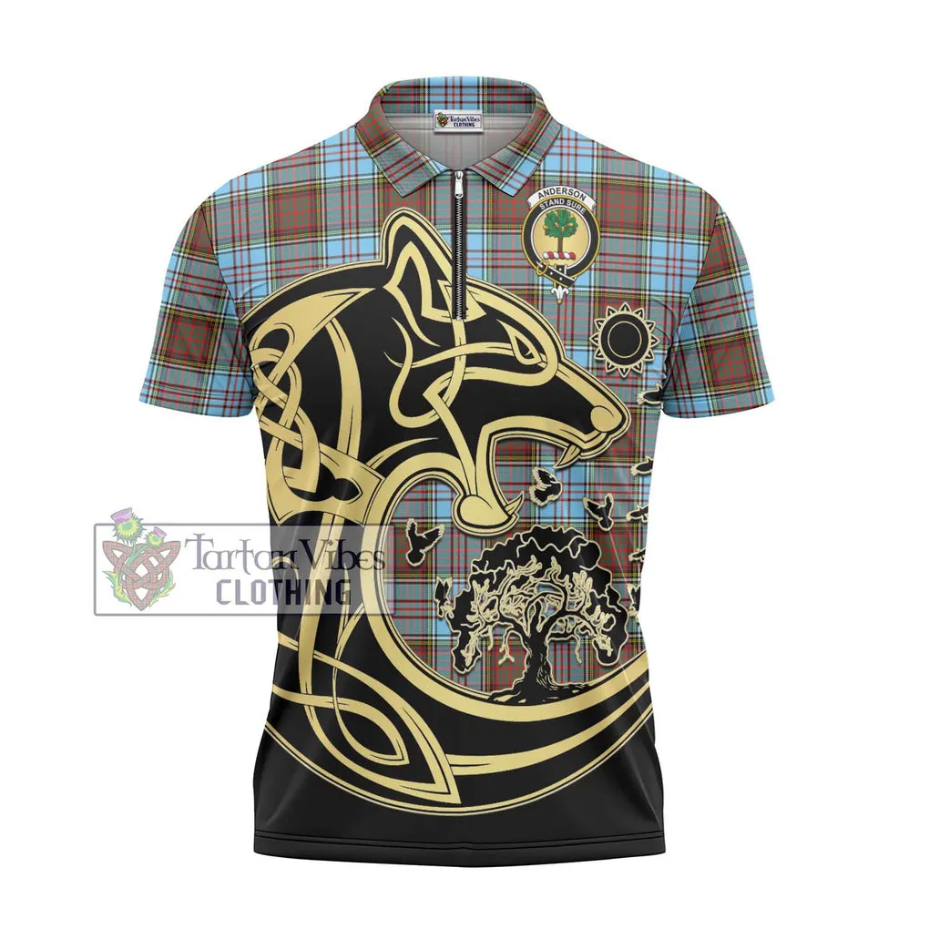 Anderson Ancient Tartan Zipper Polo Shirt with Family Crest Celtic Wolf Style