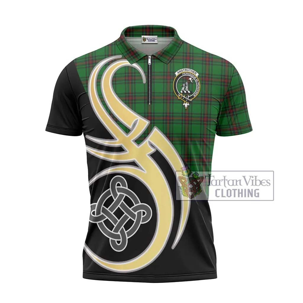 Anstruther Tartan Zipper Polo Shirt with Family Crest and Celtic Symbol Style