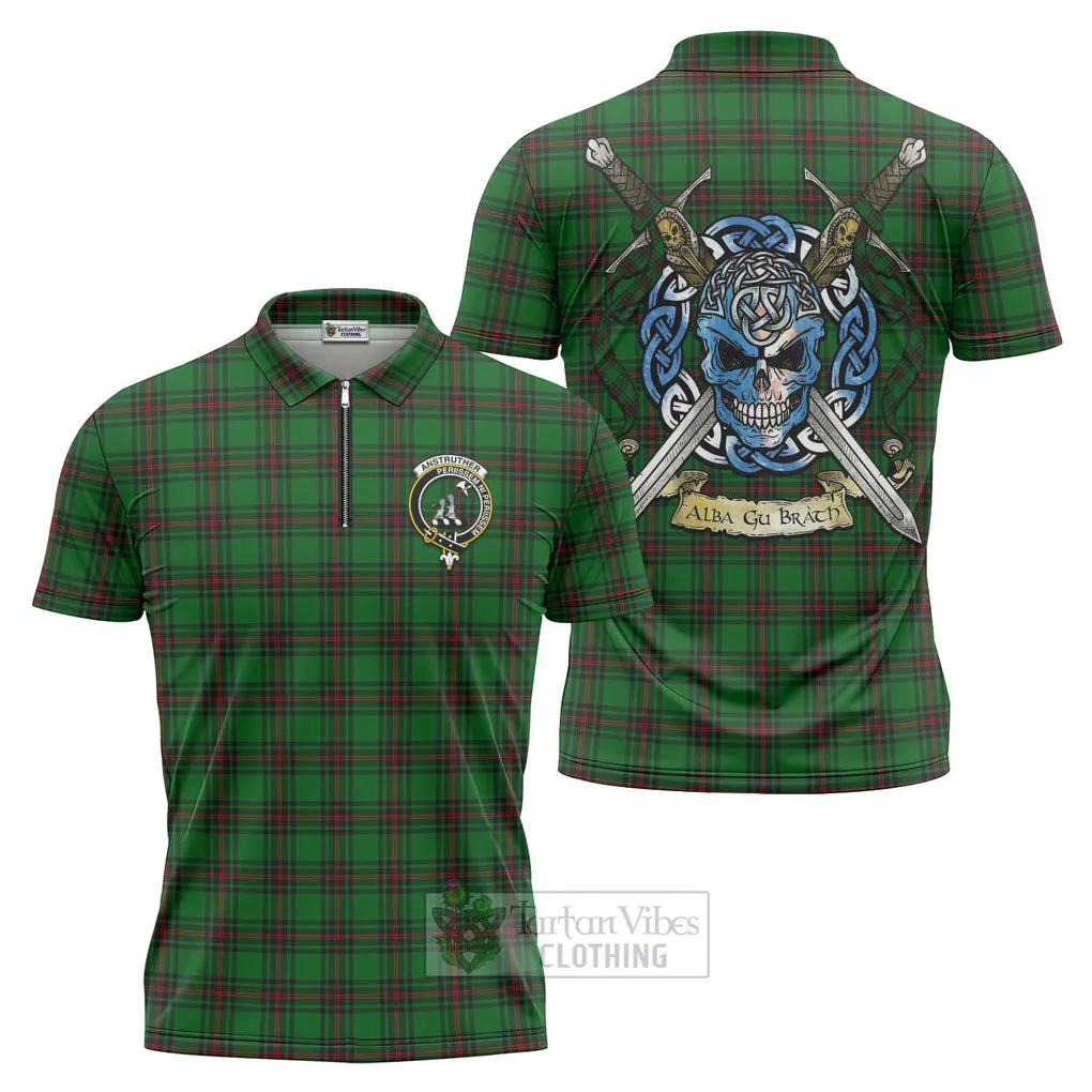 Anstruther Tartan Zipper Polo Shirt with Family Crest Celtic Skull Style