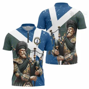 Arbuthnot Tartan Zipper Polo Shirt with Family Crest Scottish Bagpiper Vibes