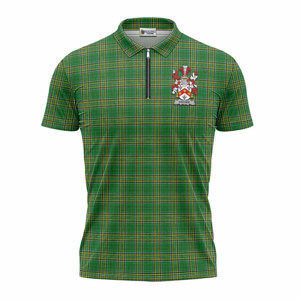 Archer Irish Clan Tartan Zipper Polo Shirt with Coat of Arms