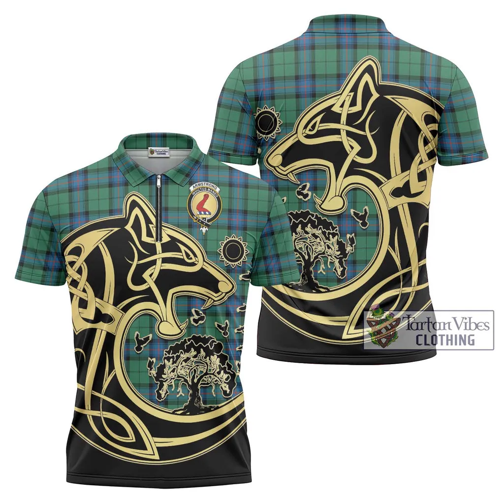 Armstrong Ancient Tartan Zipper Polo Shirt with Family Crest Celtic Wolf Style