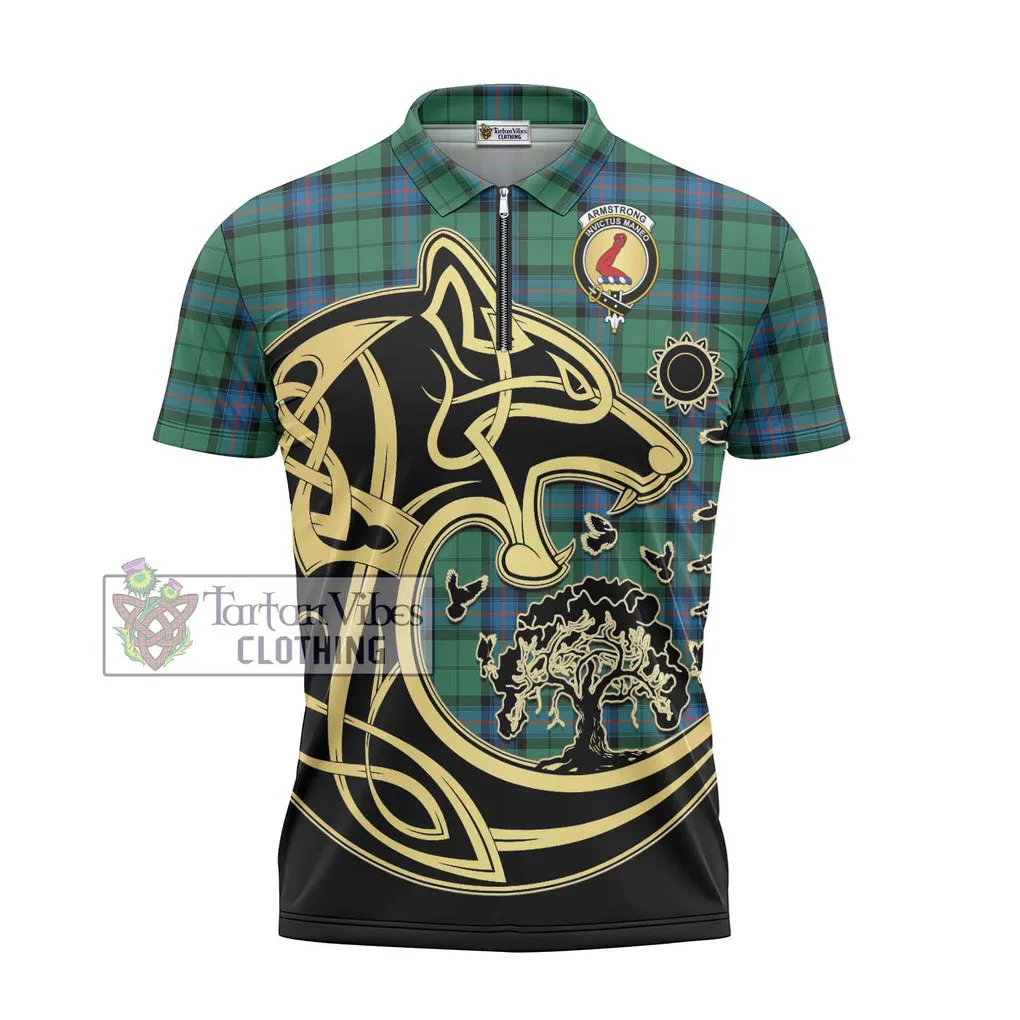 Armstrong Ancient Tartan Zipper Polo Shirt with Family Crest Celtic Wolf Style