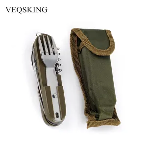 Army Green Folding Portable Stainless Steel Camping Picnic Cutlery Knife Fork Spoon Bottle Opener Flatware Tableware Travel Kit