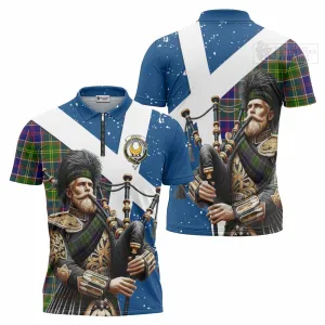 Arnott Tartan Zipper Polo Shirt with Family Crest Scottish Bagpiper Vibes