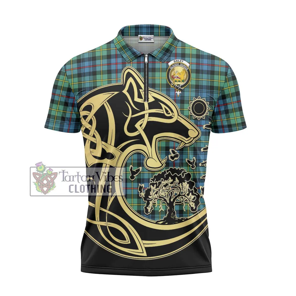 Bailey Ancient Tartan Zipper Polo Shirt with Family Crest Celtic Wolf Style