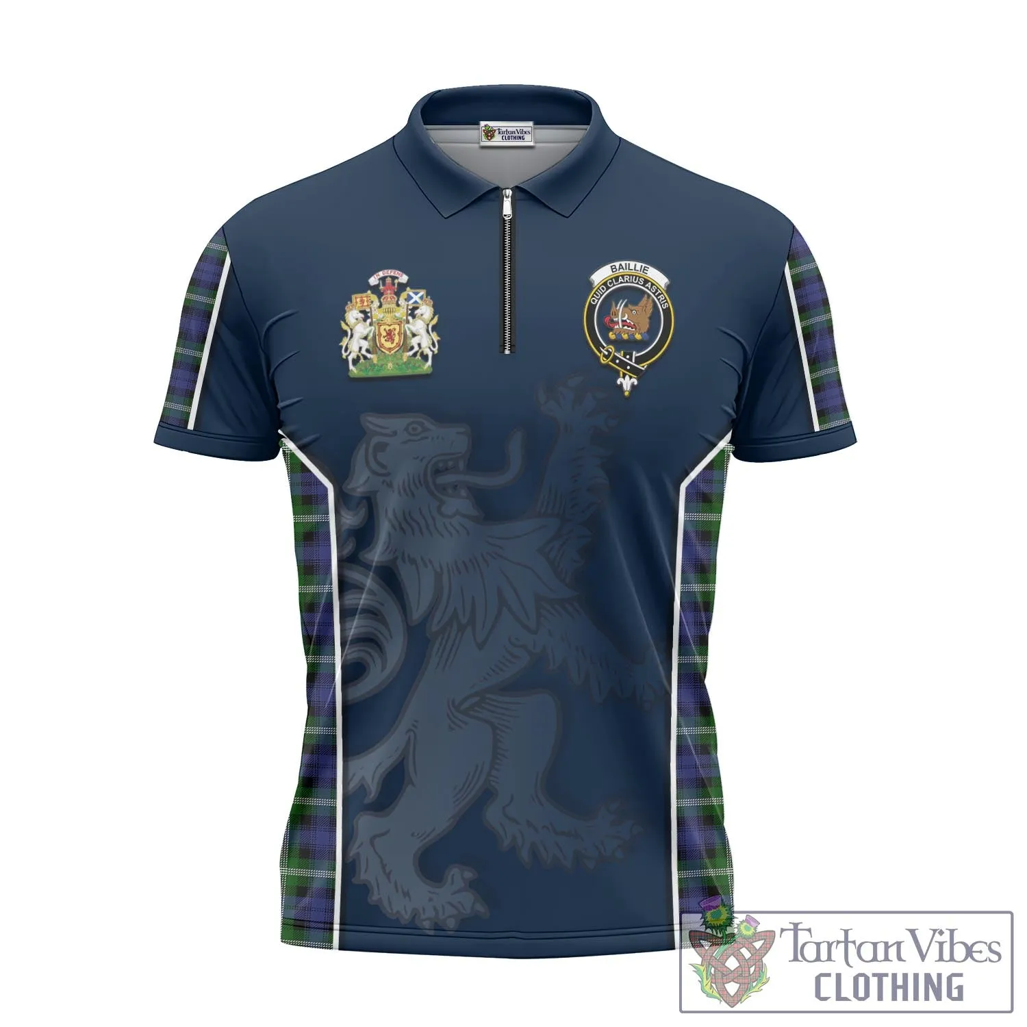 Baillie (Bailey) Tartan Zipper Polo Shirt with Family Crest and Lion Rampant Vibes Sport Style