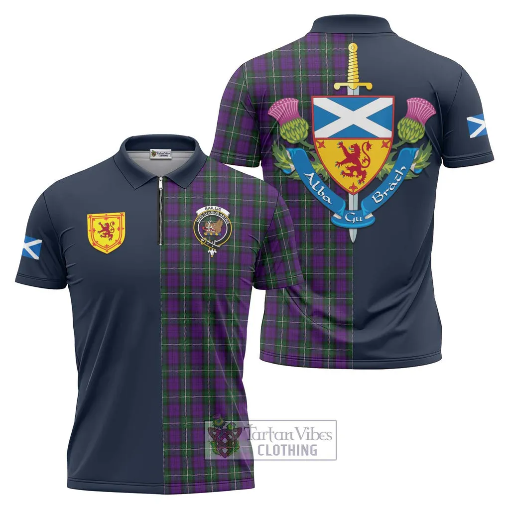 Baillie Highland Society Tartan Zipper Polo Shirt Alba with Scottish Lion Royal Arm Half Style