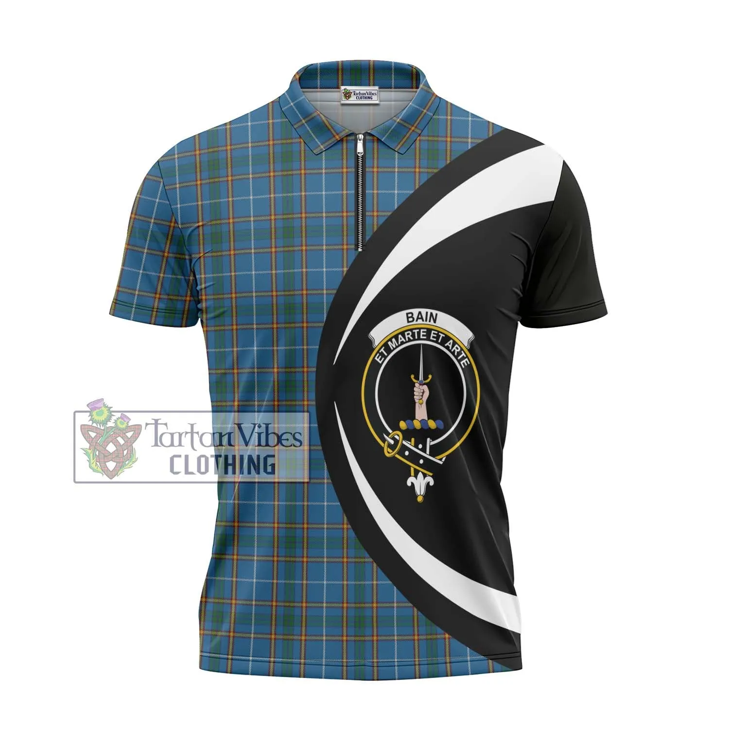 Bain Tartan Zipper Polo Shirt with Family Crest Circle Style