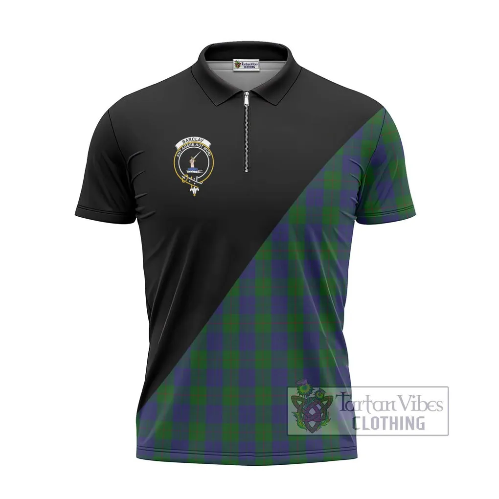 Barclay Tartan Zipper Polo Shirt with Family Crest and Military Logo Style