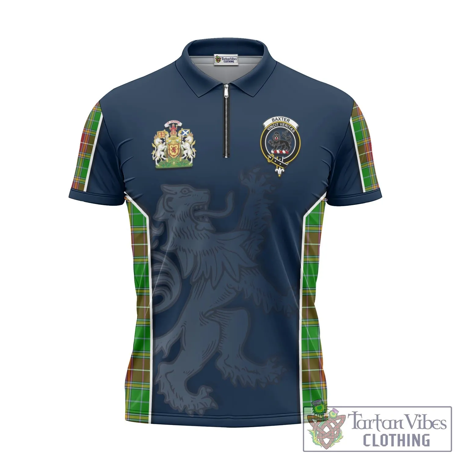 Baxter Modern Tartan Zipper Polo Shirt with Family Crest and Lion Rampant Vibes Sport Style