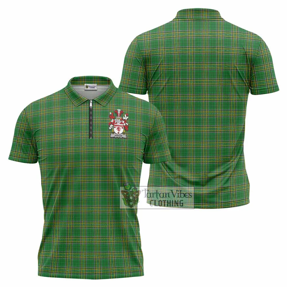 Bergin Irish Clan Tartan Zipper Polo Shirt with Coat of Arms