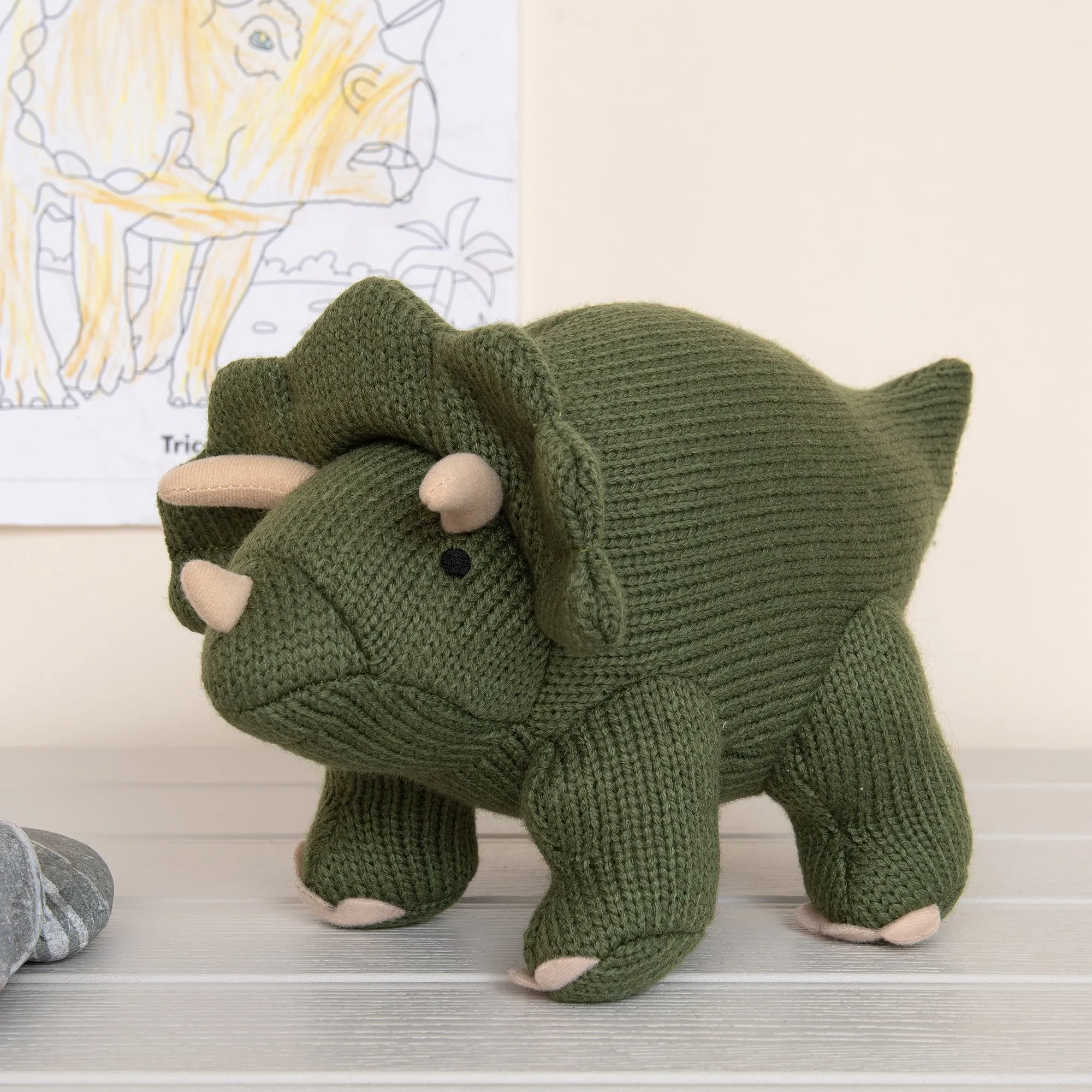 Best Years Ltd Knitted Triceratops Dinosaur Toy - Moss Green