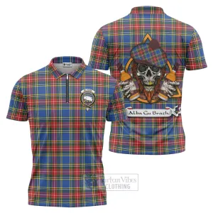 Bethune Tartan Zipper Polo Shirt with Family Crest and Bearded Skull Holding Bottles of Whiskey