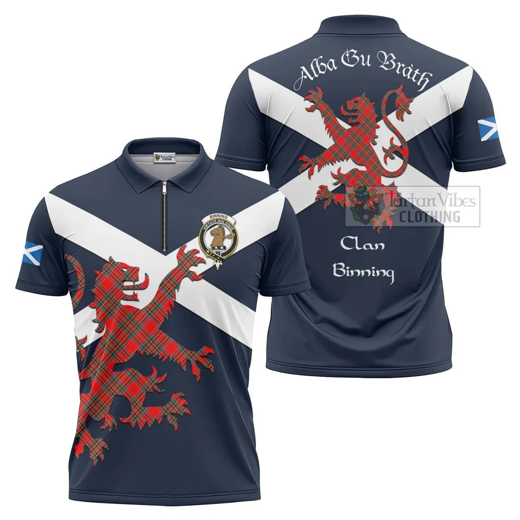 Binning Tartan Lion Rampant Zipper Polo Shirt Proudly Display Your Heritage with Alba Gu Brath and Clan Name