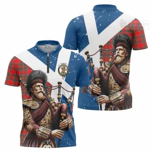 Binning Tartan Zipper Polo Shirt with Family Crest Scottish Bagpiper Vibes