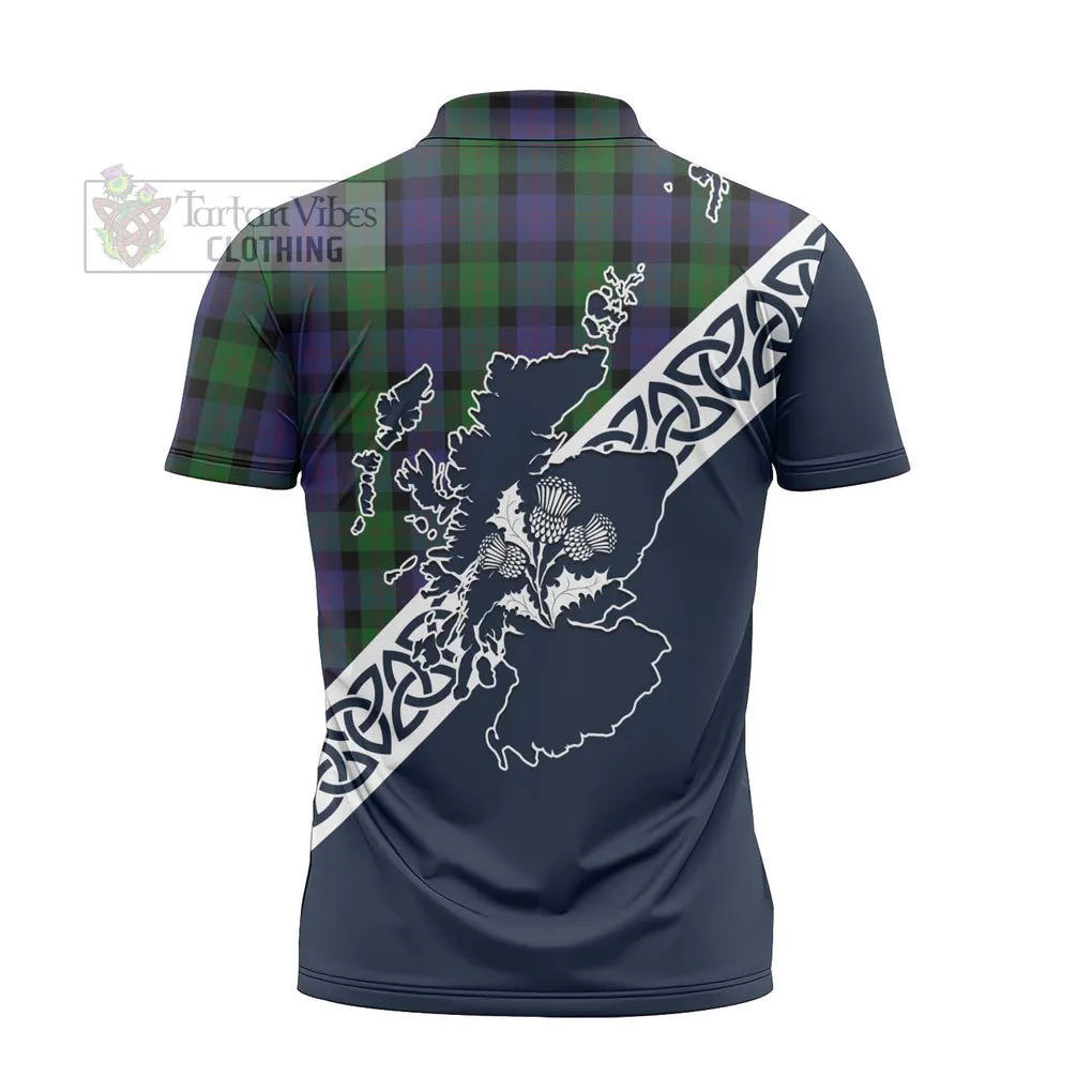 Blair Tartan Zipper Polo Shirt Featuring Thistle and Scotland Map