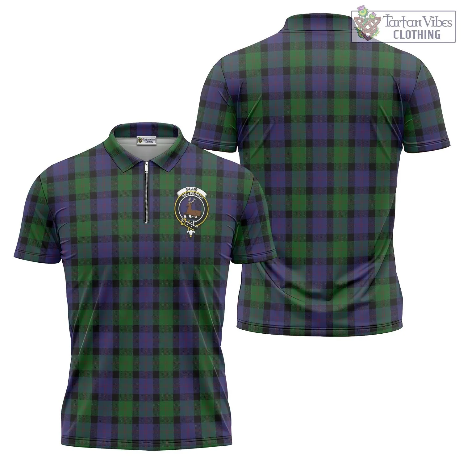 Blair Tartan Zipper Polo Shirt with Family Crest