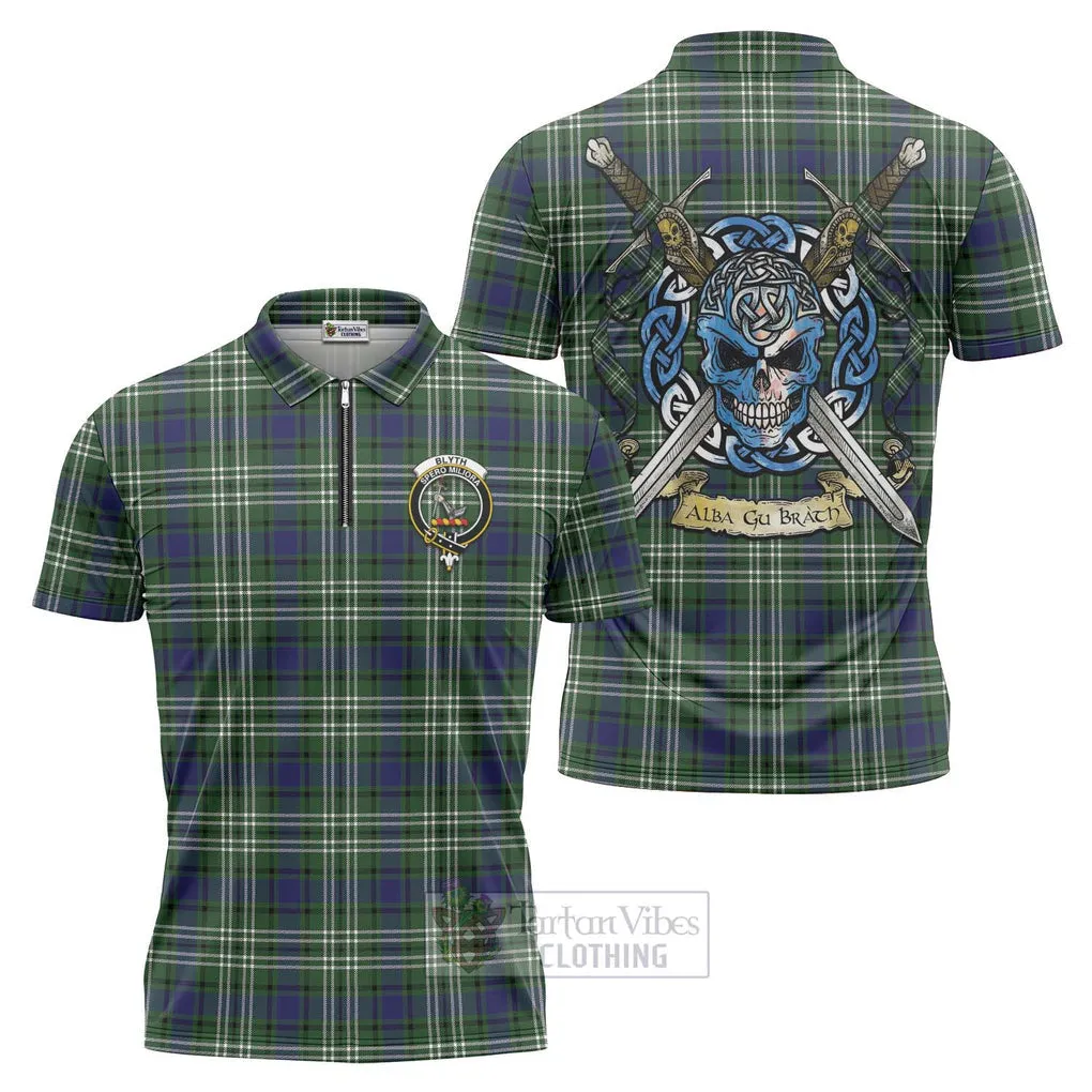 Blyth Tartan Zipper Polo Shirt with Family Crest Celtic Skull Style