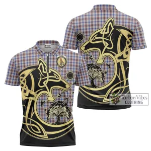 Boswell Tartan Zipper Polo Shirt with Family Crest Celtic Wolf Style