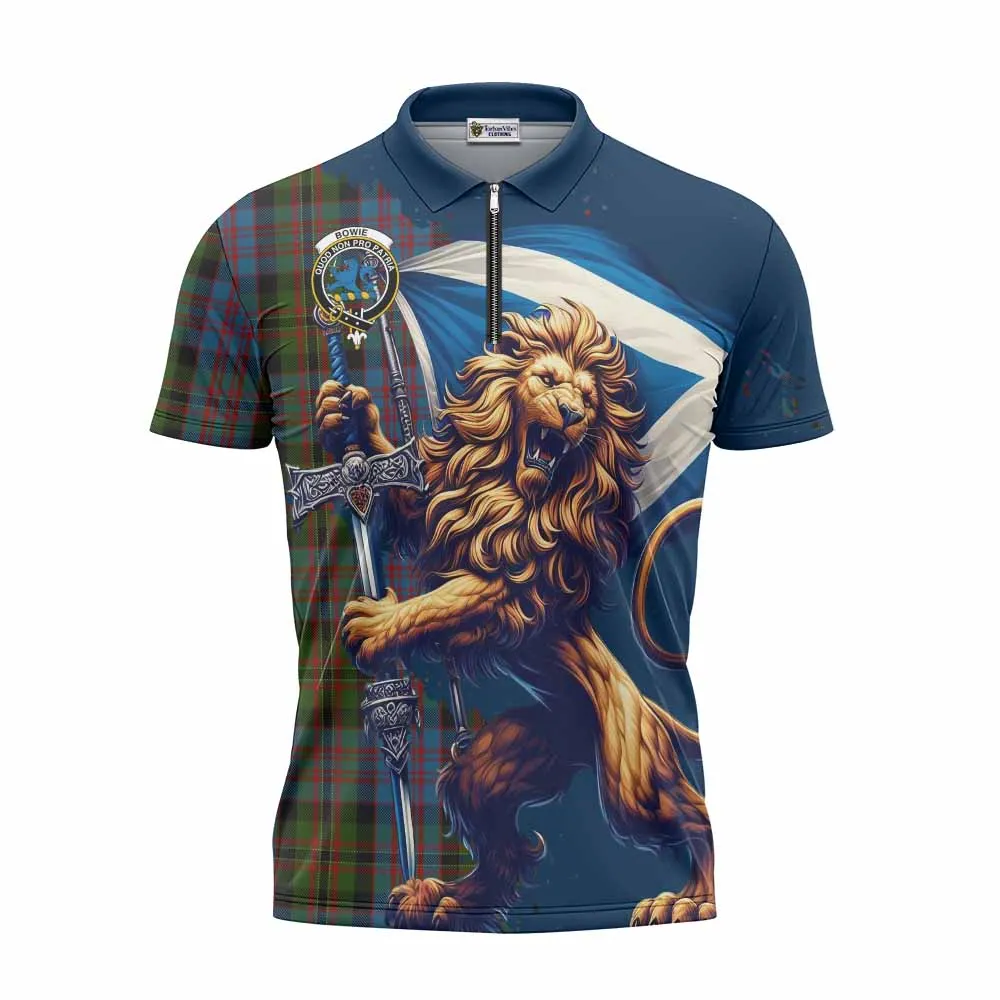 Bowie Tartan Family Crest Zipper Polo Shirt with Scottish Majestic Lion