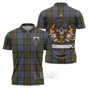 Bowie Tartan Zipper Polo Shirt with Family Crest and Bearded Skull Holding Bottles of Whiskey