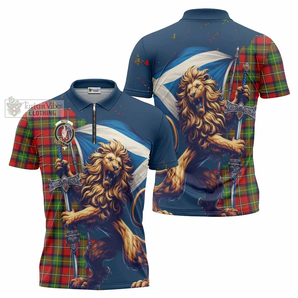 Boyd Tartan Family Crest Zipper Polo Shirt with Scottish Majestic Lion