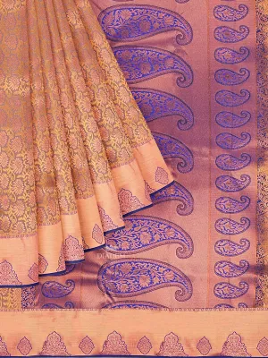 Brown Art Silk Saree with Floral Motif on the Body and Contrast Zari Border