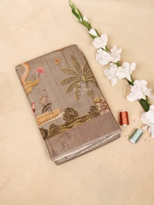 Brown Banarasi Saree with Palm Tree and Crane Design on the Body and without Border