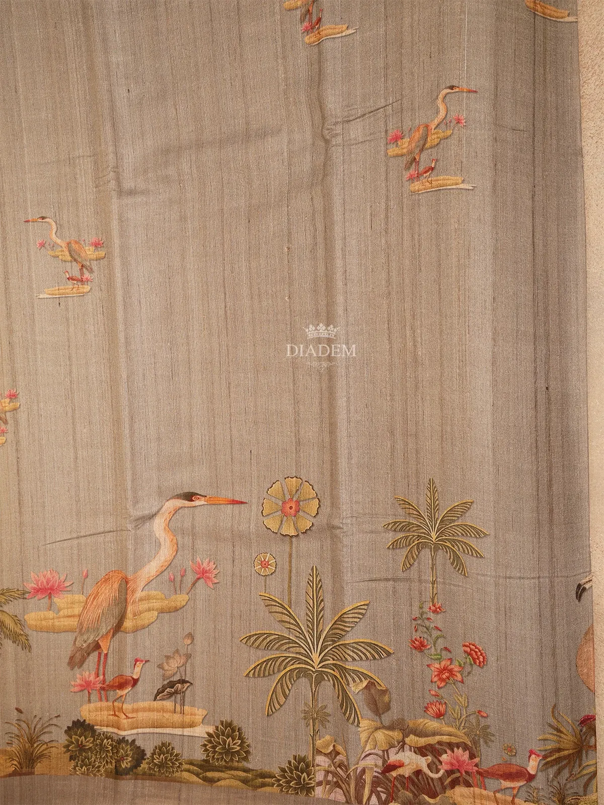 Brown Banarasi Saree with Palm Tree and Crane Design on the Body and without Border