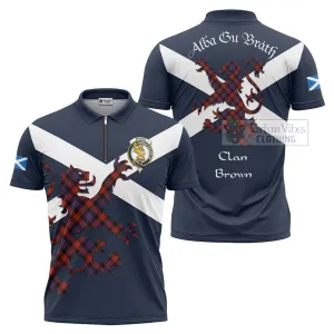 Brown (Broun) Tartan Lion Rampant Zipper Polo Shirt Proudly Display Your Heritage with Alba Gu Brath and Clan Name