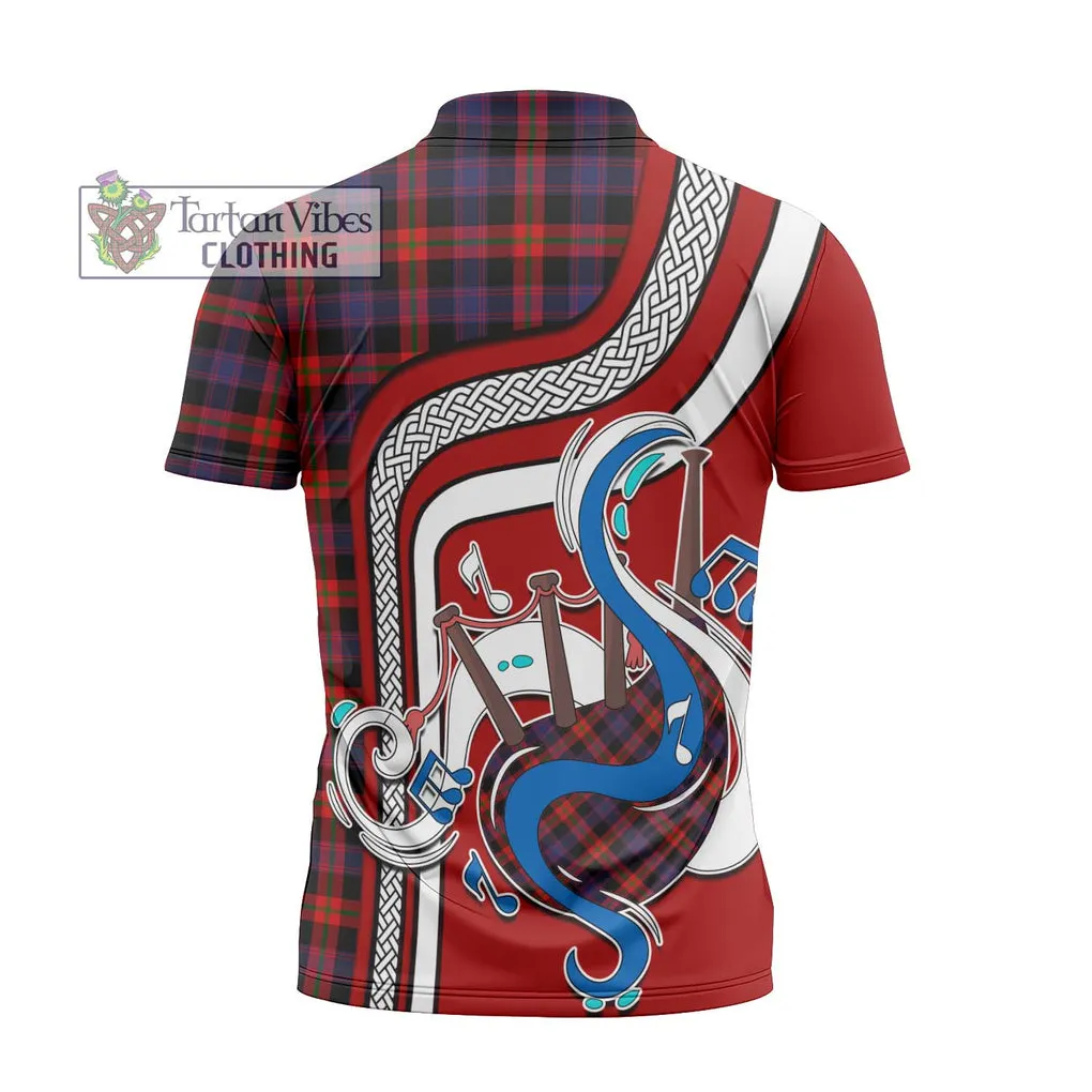 Brown (Broun) Tartan Zipper Polo Shirt with Epic Bagpipe Style