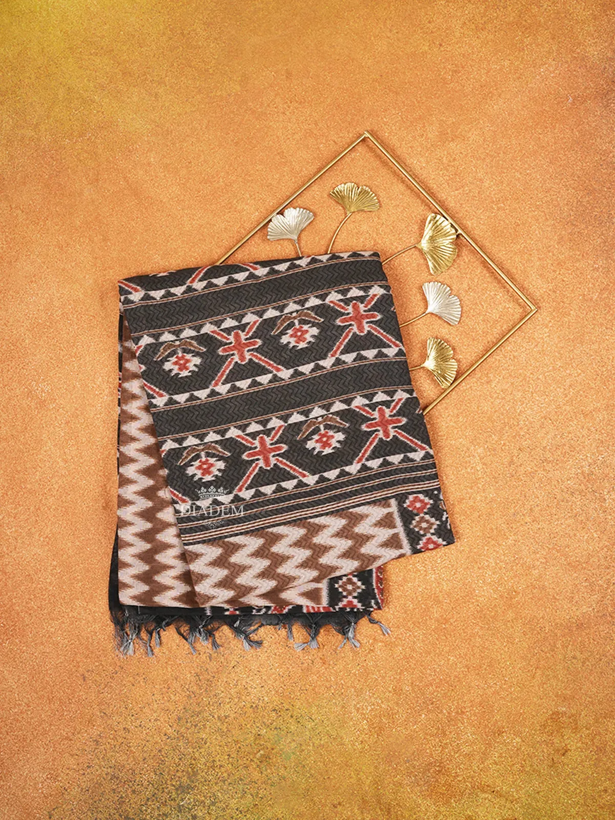 Brown Cotton Saree with Chevron Designs on the Body with Contrast Border