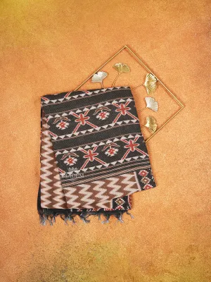 Brown Cotton Saree with Chevron Designs on the Body with Contrast Border