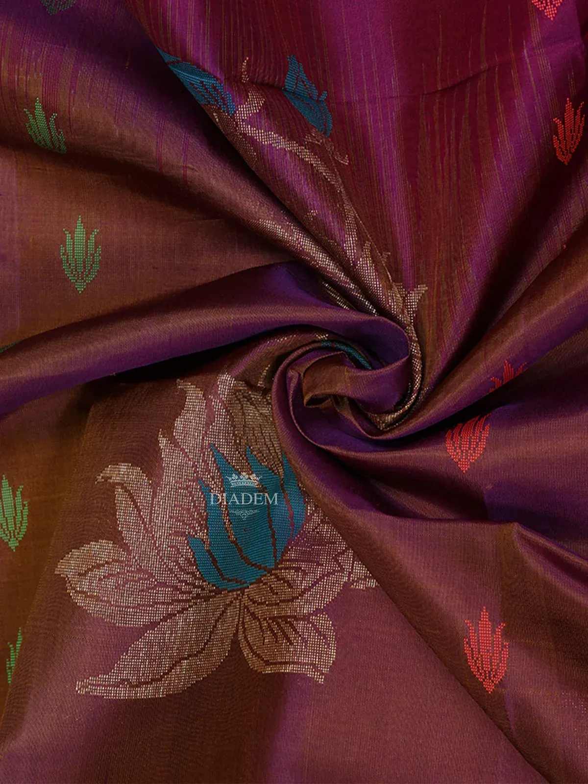 Brown Soft Silk Saree with Flower and Leaf Design on the Body and without Border