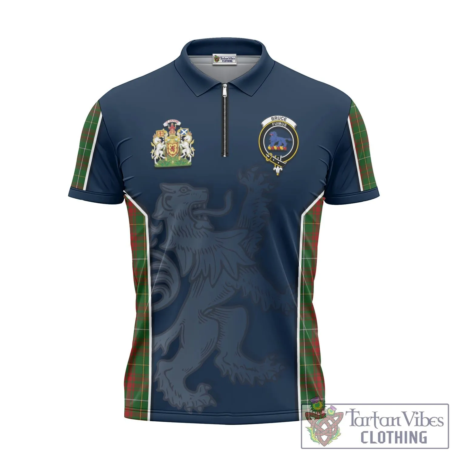 Bruce Hunting Tartan Zipper Polo Shirt with Family Crest and Lion Rampant Vibes Sport Style