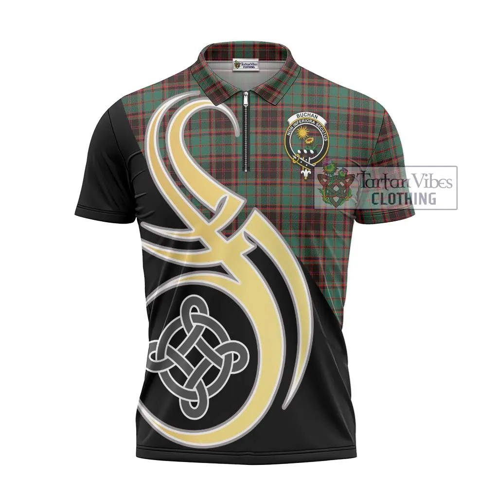 Buchan Ancient Tartan Zipper Polo Shirt with Family Crest and Celtic Symbol Style