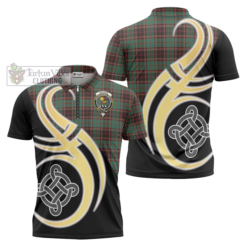 Buchan Ancient Tartan Zipper Polo Shirt with Family Crest and Celtic Symbol Style